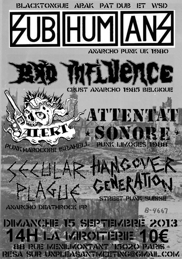 affiche The Subhumans, Bad Influence, Attentat sonore, 